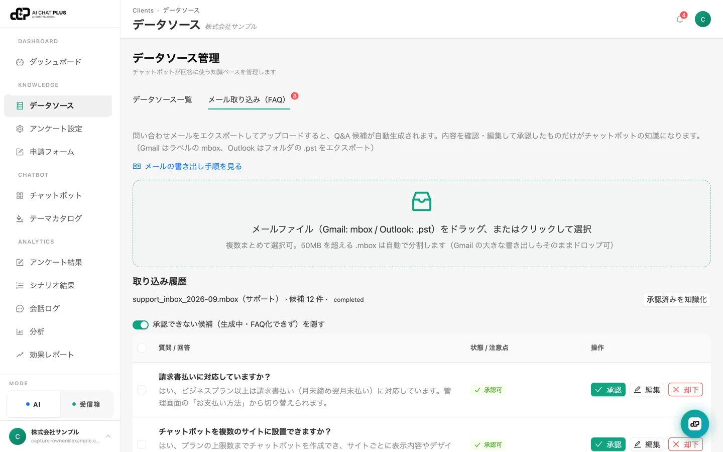 FAQ候補の承認の画面