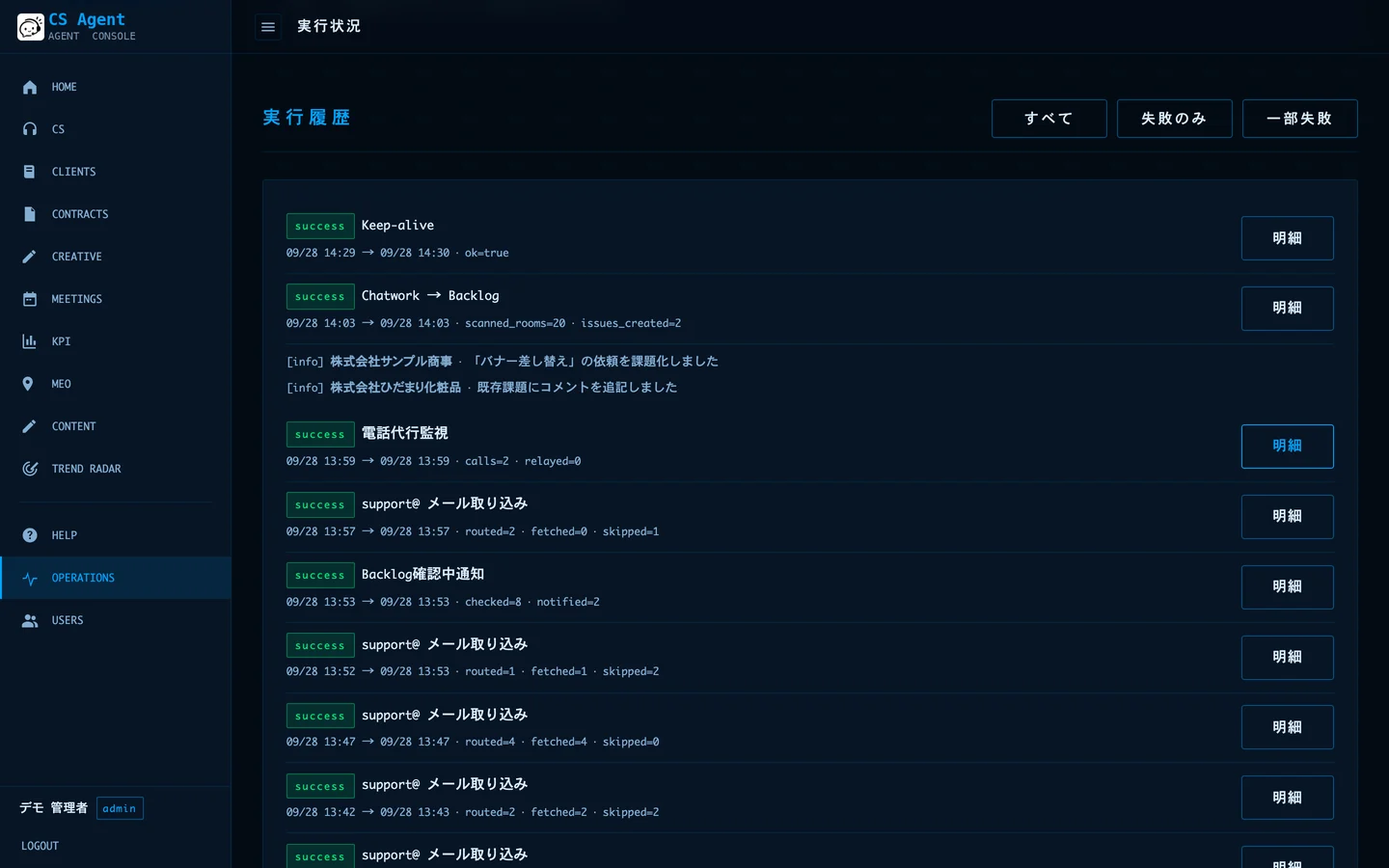 実行履歴の画面