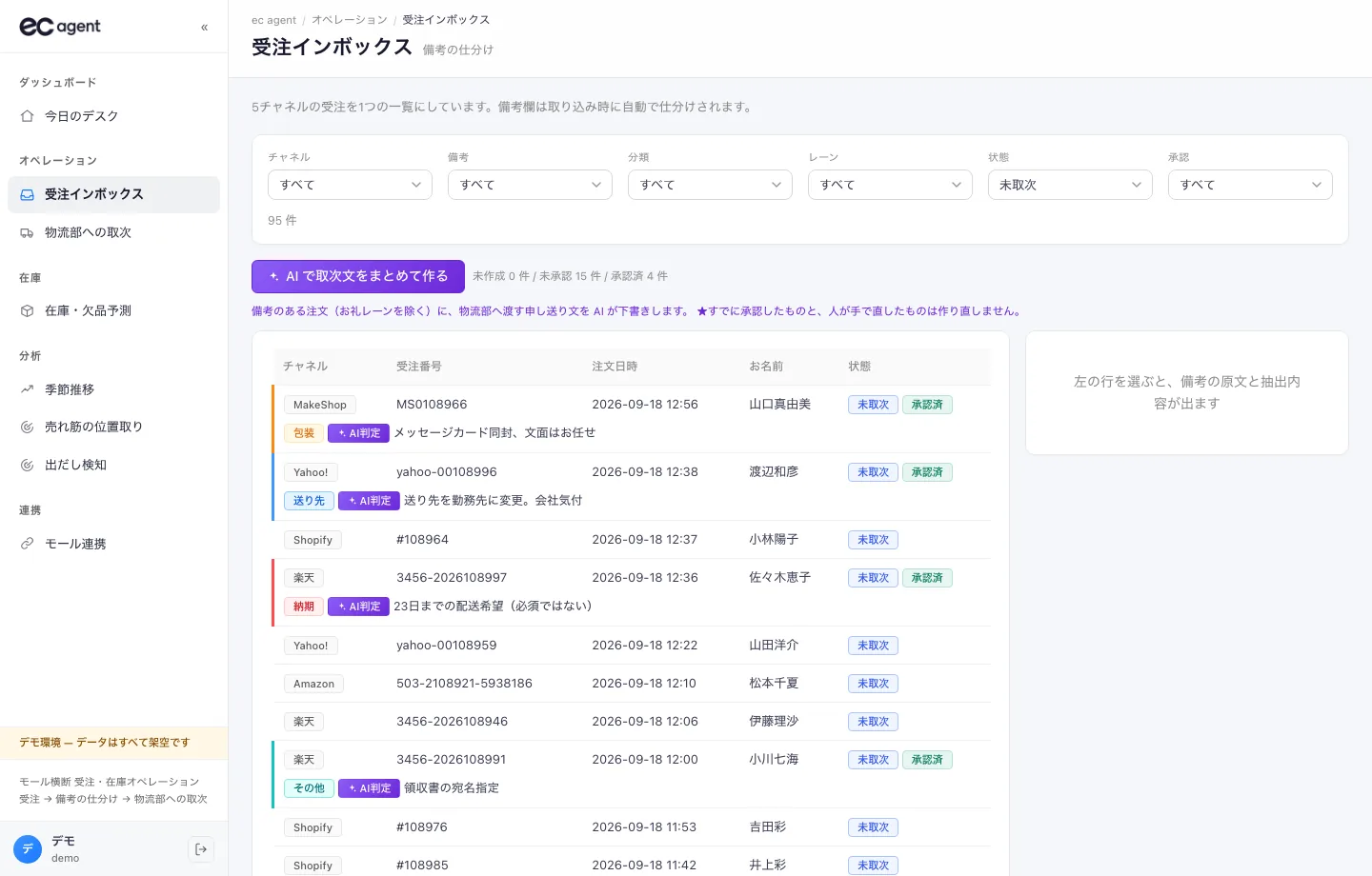 EC Agent「受注インボックス」画面。楽天・Yahoo!・Amazon・Shopify・MakeShop の受注が1つの一覧に並び、備考欄がAI判定で分類されている